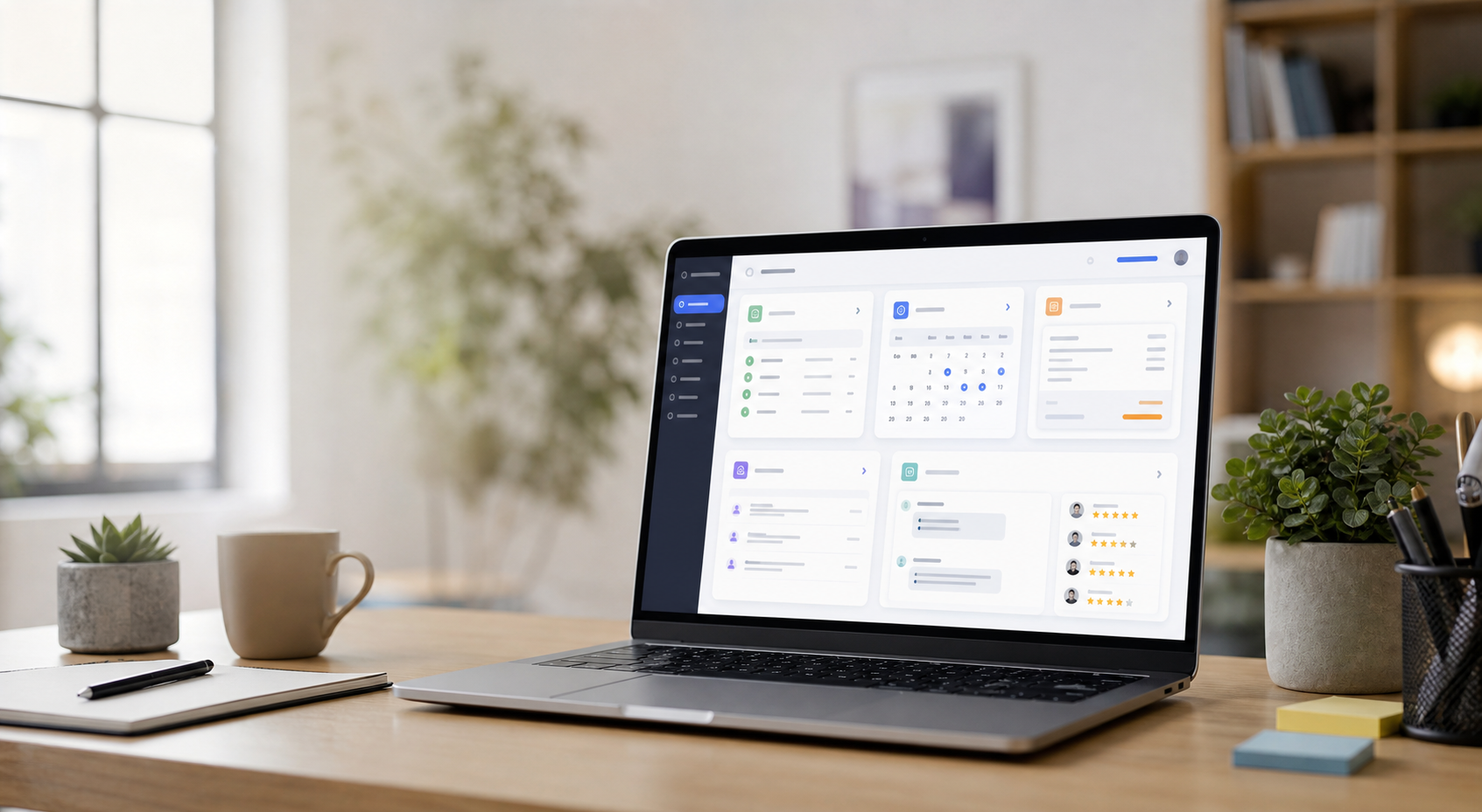 Laptop dashboard showing automated website tasks and follow-up workflows